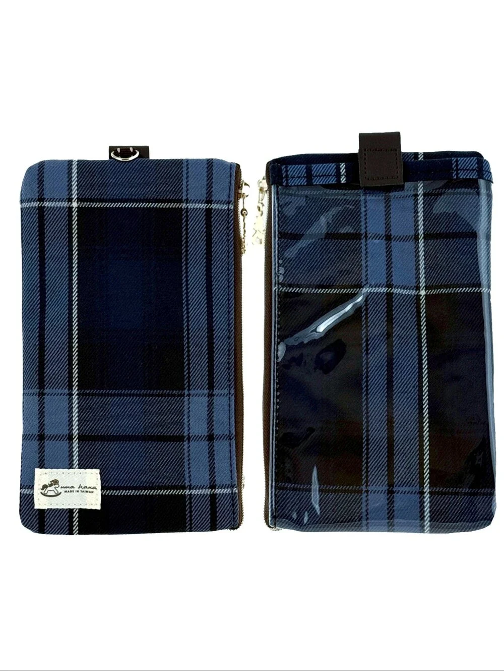 Waterproof Blue Plaid Phone Case Pouch W/ Neck Strap